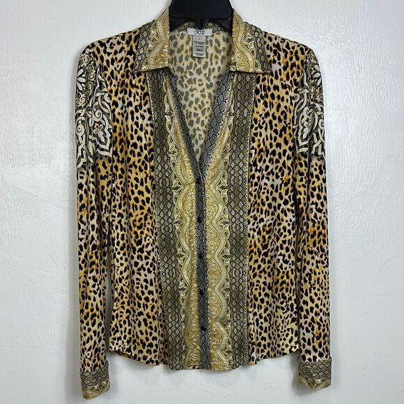 Cache Leopard Print Long Sleeve Collared Button Snap Shirt Size S - Picture 1 of 10